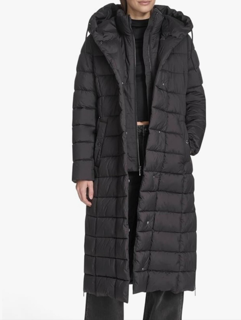 Kenneth Cole Women's Long Black Quilted Puffer Coat with Hood